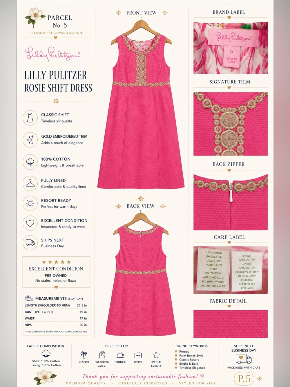 Lilly Pulitzer Rosie Shift Dress Pink/Gold Size 12‎
